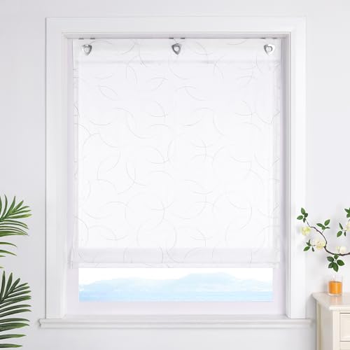 ESLIR Raffrollo ohne Bohren Weiß Raffgardine mit Ösen Transparent Gardinen für Fenster ohne Bohren Ösenrollo Modern Bestickt Grau BxH 80x140cm 1 Stück von ESLIR
