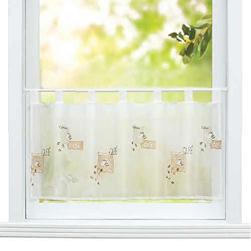 ESLIR Scheibengardine Landhaus Bistrogardine Küche Gardinen Transparent Vorhänge mit Kaffee Stickerei Kurzgardine Voile mit Schlaufen HxB 60x120cm 1 Stück von ESLIR