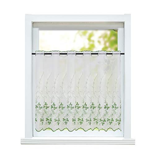ESLIR Scheibengardine Landhaus Bistrogardine Küche Gardinen Transparent Vorhänge mit Stickerei Kurzgardine Bestickt Voile Blätter Grün HxB 45x100cm 1 Stück von ESLIR