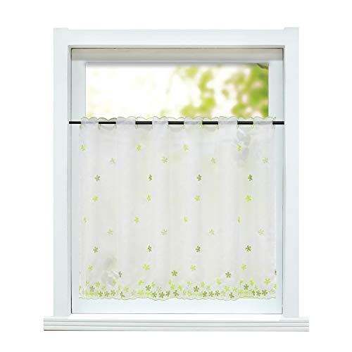 ESLIR Scheibengardine Landhaus Bistrogardine Küche Gardinen Transparent Vorhänge mit Stickerei Kurzgardine Bestickt Voile Blumen Grün HxB 45x90cm 1 Stück von ESLIR