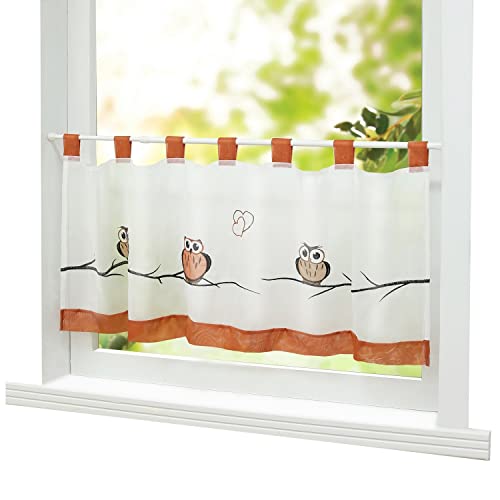 ESLIR Scheibengardine Landhaus Bistrogardine mit Schlaufen Küche Gardinen Transparent Vorhänge Voile Kurzgardine Bestickt Terrakotta HxB 45x120cm 1 Stück von ESLIR