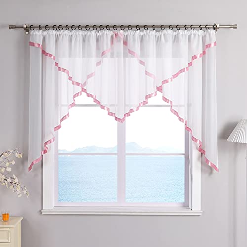 ESLIR Scheibengardine mit Kräuselband Gardinen Küche Bistrogardinen Transparent Stores Vorhänge Mit Satinband Voile Rosa HxB 120x300cm 1 Stück von ESLIR