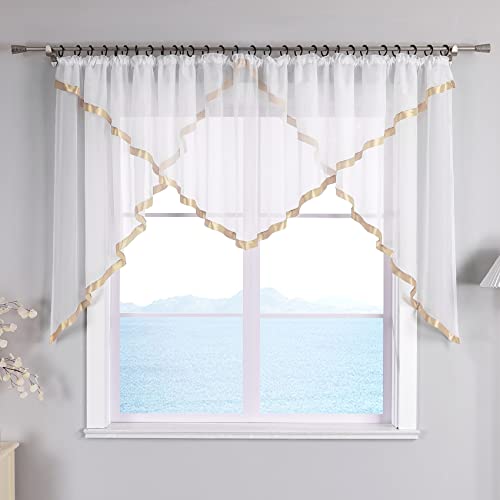 ESLIR Scheibengardine mit Kräuselband Gardinen Küche Bistrogardinen Transparent Stores Vorhänge Mit Satinband Voile Sand HxB 145x450cm 1 Stück von ESLIR