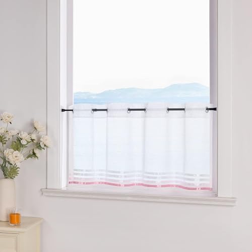 ESLIR Scheibengardine mit Ösen Gardinen Küche Bistrogardinen Transparent Stores Vorhänge mit Satinband Voile Weiß und Rosa HxB 30x90cm 1 Stück von ESLIR