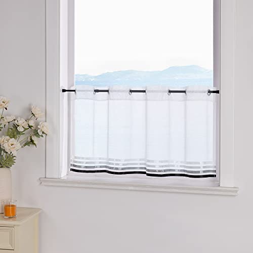ESLIR Scheibengardine mit Ösen Gardinen Küche Bistrogardinen Transparent Stores Vorhänge mit Satinband Voile Weiß und Schwarz HxB 30x90cm 1 Stück von ESLIR