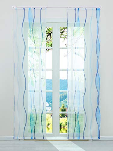 ESLIR Schiebegardinen Set 2er Flächenvorhänge Gardinen mit Klettband Schiebevorhang Transparent Vorhang mit Wellen Druck Voile Blau BxH 57x225cm 2 Stück von ESLIR