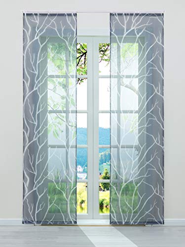 ESLIR Schiebegardinen Set 2er Flächenvorhänge Gardinen mit Klettband Schiebevorhang Transparent Vorhang mit Zweige Muster Voile Grau BxH 57x225cm 2 Stück von ESLIR