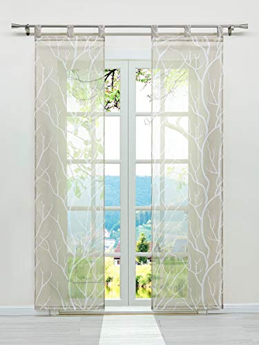 ESLIR Schiebegardinen Set 2er Flächenvorhänge Gardinen mit Schlaufen Schiebevorhang Transparent Schlaufenschal mit Zweige Muster Voile Sand BxH 57x175cm 2 Stück von ESLIR
