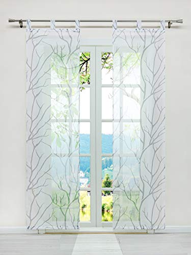 ESLIR Schiebegardinen Set 2er Flächenvorhänge Gardinen mit Schlaufen Schiebevorhang Transparent Schlaufenschal mit Zweige Muster Voile Weiß-Grau BxH 57x175cm 2 Stück von ESLIR