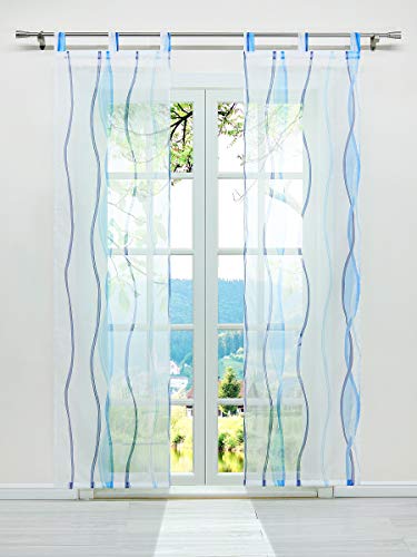 ESLIR Schiebegardinen Set 2er Flächenvorhänge Gardinen mit Schlaufen Schiebevorhang Transparent Vorhang mit Wellen Druck Voile Blau BxH 57x225cm 2 Stück von ESLIR