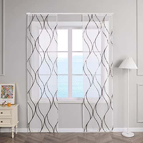 ESLIR Schiebegardinen Set 2er Flächenvorhänge Voile Gardinen mit Klettband Schiebevorhang Transparent Wohnzimmer Modern mit Wellen Muster Braun BxH 57x145cm 2 Stück von ESLIR