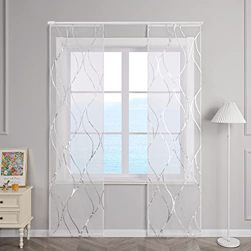 ESLIR Schiebegardinen Set 2er Flächenvorhänge Voile Gardinen mit Klettband Schiebevorhang Transparent Wohnzimmer Modern mit Wellen Muster Silber #1 BxH 57x175cm 2 Stück von ESLIR