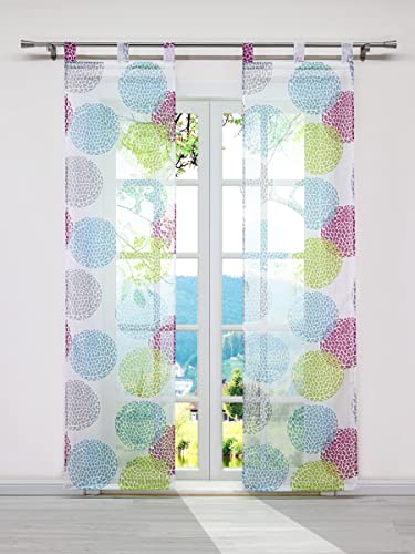 ESLIR Schiebegardinen Set 2er Flächenvorhänge mit Klettband Gardinen mit Schlaufen Schiebevorhang Voile Schlaufenschal Transparent mit Kreis Muster Bunt BxH 57x225cm 2 Stück von ESLIR