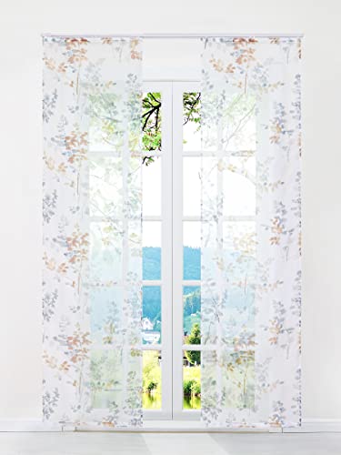 ESLIR Schiebegardinen Voile Flächenvorhänge Set 2er Gardinen mit Klettband Schiebevorhang Transparent Vorhang mit Blätter Muster Orange BxH 57x225cm 2 Stück von ESLIR