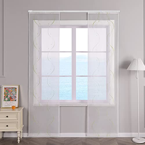 ESLIR Schiebegardinen Voile Flächenvorhänge Set 2er Schiebevorhang Wohnzimmer Gardinen mit Klettband Transparent Vorhang Bestickt Grün BxH 57x245cm 2 Stück von ESLIR