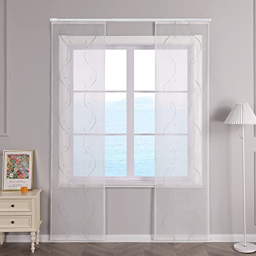 ESLIR Schiebegardinen Voile Flächenvorhänge Set 2er Schiebevorhang Wohnzimmer Gardinen mit Klettband Transparent Vorhang Bestickt Sand BxH 57x225cm 2 Stück von ESLIR