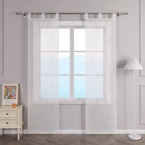 ESLIR Schiebegardinen Voile Flächenvorhänge Set 2er Schiebevorhang Wohnzimmer Gardinen mit Schlaufen Transparent Vorhang Bestickt Grün BxH 57x175cm 2 Stück von ESLIR