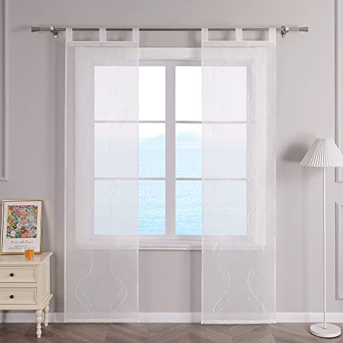 ESLIR Schiebegardinen Voile Flächenvorhänge Set 2er Schiebevorhang Wohnzimmer Gardinen mit Schlaufen Transparent Vorhang Bestickt Weiß BxH 57x145cm 2 Stück von ESLIR