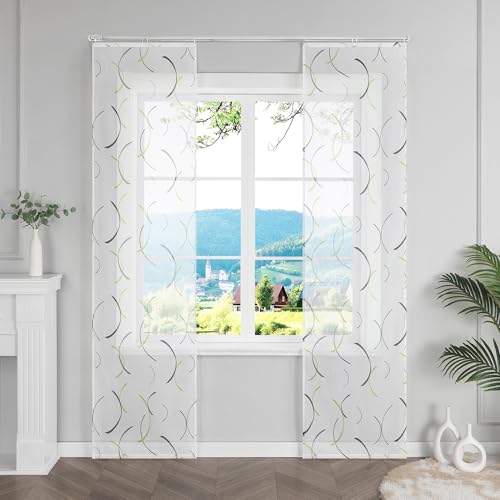 ESLIR Schiebegardinen Voile Flächenvorhänge Set 2er Schiebevorhang mit Klettschiene Wohnzimmer Gardinen mit Klettband Gardinenschals mit buntes Linienmuster Grün BxH 57x145cm 2 Stück von ESLIR