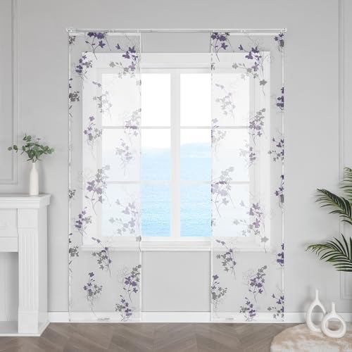 ESLIR Schiebegardinen Weiß Flächenvorhänge Set 2er Schiebevorhang mit Klettschiene Wohnzimmer Gardinen mit Klettband Gardinenschals Transparent mit Blumenmotiven Violett BxH 57x145cm 2 Stück von ESLIR