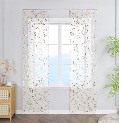ESLIR Schiebevorhänge Set 2er Flächenvorhänge mit Klettband Schiebegardinen Transparent Gardinenschals Transparent Vorhang mit geprägtem Rankenmuster Gold BxH 57x225 cm 2 Stück von ESLIR