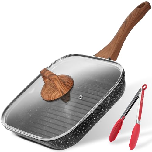 ESLITE LIFE 27,9 cm antihaftbeschichtete Grillpfanne mit Deckel für das Kochen im Innenbereich, vielseitige Induktion, quadratisch, große Grillpfanne, Steakpfanne für Herdplatten, PTFE- und PFOA-frei, von ESLITE LIFE