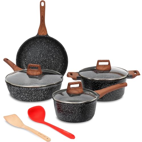 ESLITE LIFE Antihaft-Kochgeschirr-Set, 9-teilig, Granitbeschichtung, Töpfe und Pfannen, Küchen-Kochset, kompatibel mit allen Herdarten (Gas, Elektro und Induktion), PFOA-frei, Schwarz von ESLITE LIFE