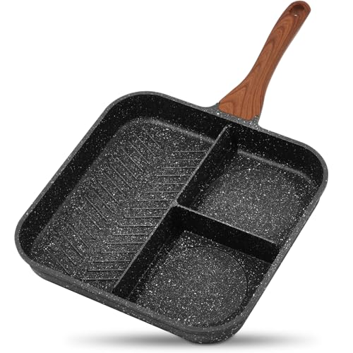 ESLITE LIFE Antihaftbeschichtete geteilte Frühstücks-Grillpfanne für Herdplatten, 27,9 cm, 3-in-1, vielseitige, quadratische große Grillpfanne zum Kochen im Innen- und Außenbereich, PFOA-frei, schwarz von ESLITE LIFE