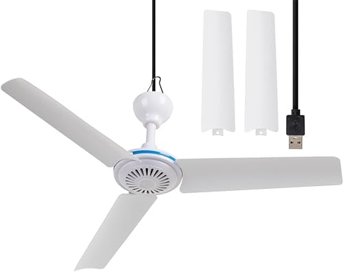 Kleine USB Deckenventilator 19.7"Tragbare hängende Lüfter für Power Bank Outdoor RV Bett Zimmer Schreibtisch Boot Coop Reise Zelt Baldachin Mini 3 Blades Silent Fan, Verschiedene USB Anschlüsse von ESLOYSUN