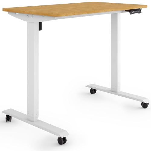 ESMART Germany ETX-121WBA 100 x 60 cm Bambus Dekor Ergonomischer Steh-Sitz-Schreibtisch auf Rollen Stufenlos elektrisch höhenverstellbar 78,5-128,5 cm 3X Memory Aktivitätserinnerung Soft-Start/Stopp von ESMART