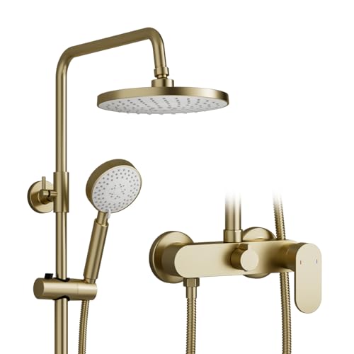 Duschsystem Gold, ESOP Duscharmatur mit Einhebelmischer, Regendusche mit Armatur, Höhenverstellbar Duschsäule Duschset, 20cm ABS Duschkopf, Handbrause mit 3 Funktionen von ESOP