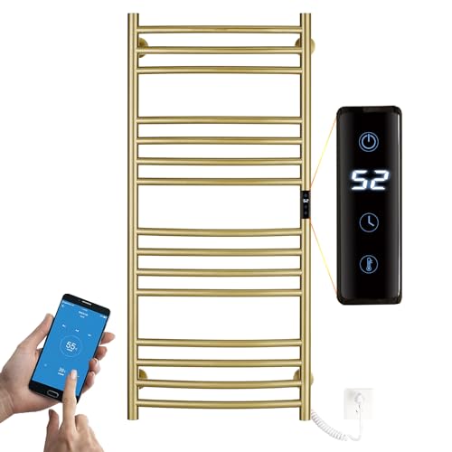 ESOP Badheizkörper Elektrisch Gebürstetes Gold 185W WiFi Handtuchheizkörper Elektrisch 110 * 60cm Heizkörper Heizung Digitalanzeige Handtuchwärmer 15 Gebogene Stäbe 304 Edelstahl Handtuchtrockner von ESOP