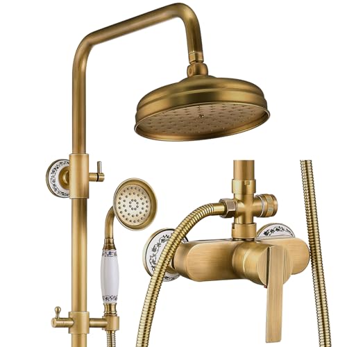 ESOP Duscharmatur Messing Antik Regendusche Duschsystem Wandhalterung Duschsystem Antik Duschset mit 20cm Drehbar Duschkopf, Handbrause, Einstellbar Duschstange von ESOP