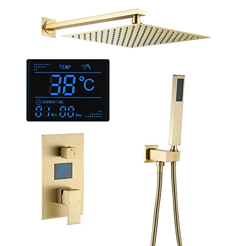 ESOP Duschsystem Unterputz, Duschset mit Digitaler Bildschirm, Gebürstetes Gold Regendusche Wand Montiert Brausegarnitur mit 30 cm * 30 cm Duschkopf, Handbrause von ESOP