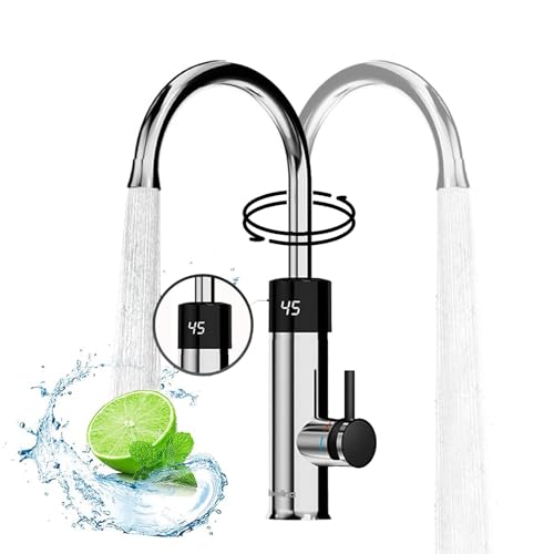 ESOP Wasserhahn Mit Durchlauferhitzer, 3200W, Edelstahl Elektrische Heizung Wasserhahn, 360° Swivel Tap, LCD Temperaturanzeige, Armatur Mit Integriertem Durchlauferhitzer, Wasserhahn KüChe Silber von ESOP