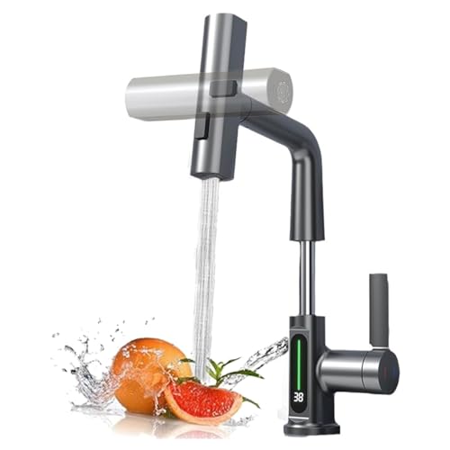 Wasserhahn Küche Ausziehbar, LED Temperaturanzeige Küchenarmatur mit Brause, 3 Strahlarten Armatur Küche 360° Schwenkbar Spültischarmatur Einhebel, Mischbatterie Höhenverstellbar, Pistolengrau von ESOP