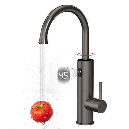 Wasserhahn mit Durchlauferhitzer Küche, 3200W Elektrische Heizung Wasserhahn, LED Temperaturanzeige 360º Misch Drehung Küchenarmatur, 304 Edelstahl Armatur, Grau von ESOP