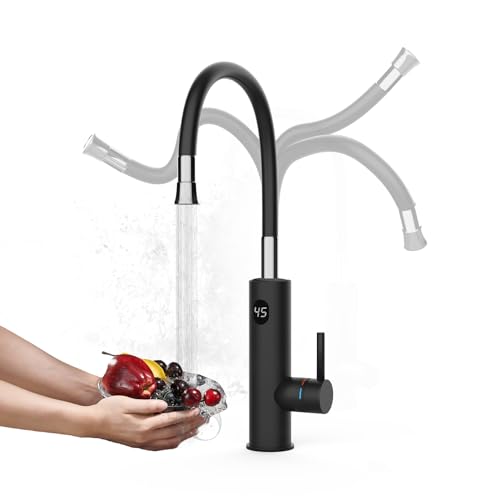 Wasserhahn mit Durchlauferhitzer Küche, 3200W Elektrischer Wasserhähne Sofort Warm Küchenarmatur mit Flexibler Auslauf und LCD Temperaturanzeige, 360º Drehung Schnellheizungshahn Armatur, Schwarz von ESOP