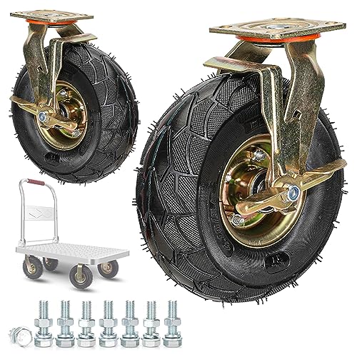Schwerlast Luftreifen Gummi Stielrollen Ø 200mm 250mm 2er Set, Industrie Transportroller Mit Bremse, Schrauben & Metallplatten, 360°Drehbar Keine Spuren & Leise Trolleys Ersatz Rollen ( Color : Brake von ESOYAWE