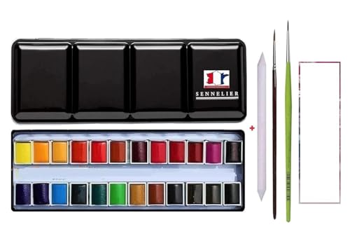 ESPACE BEAUX ARTS Sennelier Extra-fine Aquarellfarbe, Aquarell Malkasten, Metallkasten, 24 x 1/2 Näpfchen.mit Pinsel und Papierstift. Made in France(France Import) von ESPACE BEAUX ARTS