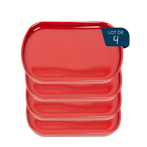 ESPRIT DE CUISINE - Set mit 4 länglichen Tellern aus Keramik – elegantes Design – kratzfest – robust und langlebig – leicht zu reinigen – hergestellt in Frankreich – 26 cm – rot gesprenkelt von Esprit de Cuisine