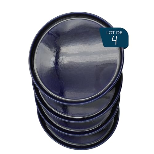 ESPRIT DE CUISINE - Set mit 4 flachen Tellern aus Keramik – elegantes Design – kratzfest – robust und langlebig – leicht zu reinigen – hergestellt in Frankreich – 25 cm – blau gesprenkelt von Esprit de Cuisine