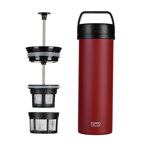 ESPRO – P0 Ultralight – Französische Kaffeepresse für Einzelportionen und leichte Trinkflasche für Reisen, Camping und den täglichen Gebrauch, Edelstahl, vakuumisoliert, 16 oz (Cranberry) von ESPRO
