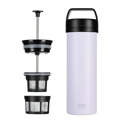 ESPRO – P0 Ultralight – Französische Kaffeepresse für Einzelportionen und leichte Trinkflasche für Reisen, Camping und den täglichen Gebrauch, Edelstahl, vakuumisoliert, 16 oz (Frost Wisteria) von ESPRO