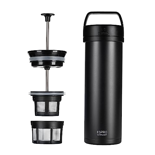 ESPRO – P0 Ultralight – Französische Kaffeepresse für Einzelportionen und leichte Trinkflasche für Reisen, Camping und den täglichen Gebrauch, Edelstahl, vakuumisoliert, 16 oz (Matte Meteorite Black) von ESPRO
