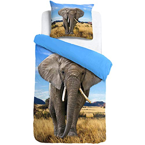 ESPiCO Bettwäsche Sleep and Dream Elefant Blau Wildnis Afrika Safari Wildtier Tiermotiv Renforcé, Größe:135 cm x 200 cm von ESPiCO