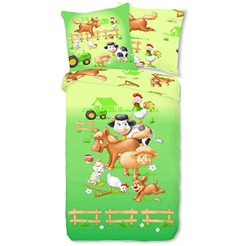 ESPiCO Bettwäsche Sleep and Dream Farm Tiere Pferd Kuh Traktor Huhn Hahn Schaf Katze Bunt Renforcé, Größe:135 cm x 200 cm von ESPiCO