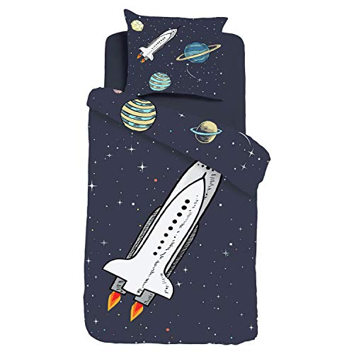 ESPiCO Bettwäsche Sleep and Dream Rocket Weltall Rakete Kinder Zimmer Erde Jupiter Mond Astronaut Satellit Renforcé, Größe:135 cm x 200 cm von ESPiCO