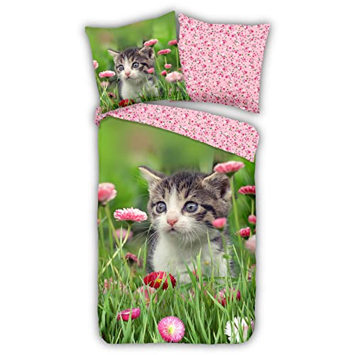 ESPiCO Bettwäsche Trendy Bedding Jacky Tiermotiv Katze Kätzchen Blumen geblümt Wiese Wendeoptik Renforcé, Größe:135 cm x 200 cm von ESPiCO