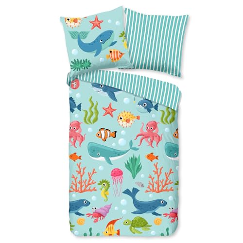 ESPiCO Bettwäsche Trendy Bedding Meereswelt Blau Meerestiere Fische Seestern Streifen Wendeoptik Renforcé, Größe:135 cm x 200 cm von ESPiCO